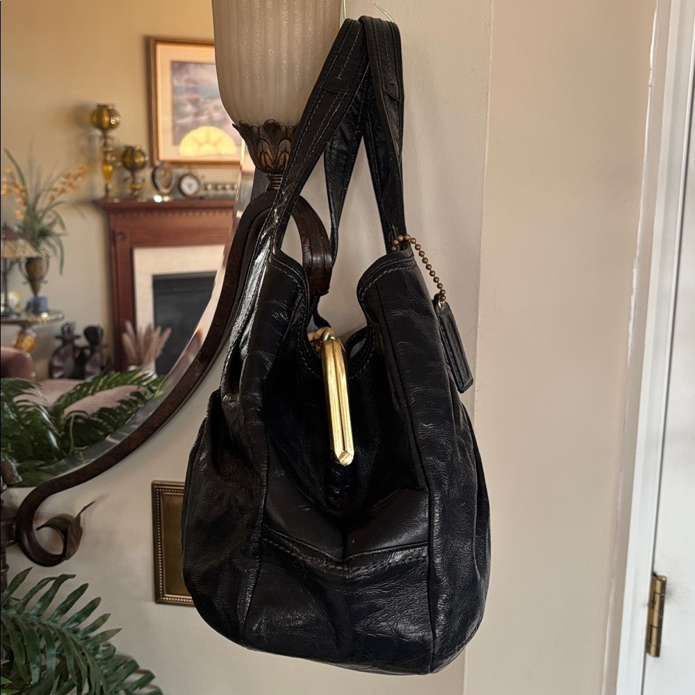 Coach Ergo Black Pantent Leather Pleated Frame Kisslock Satchel Shoulder Bag Y2K - Picture 6 of 16
